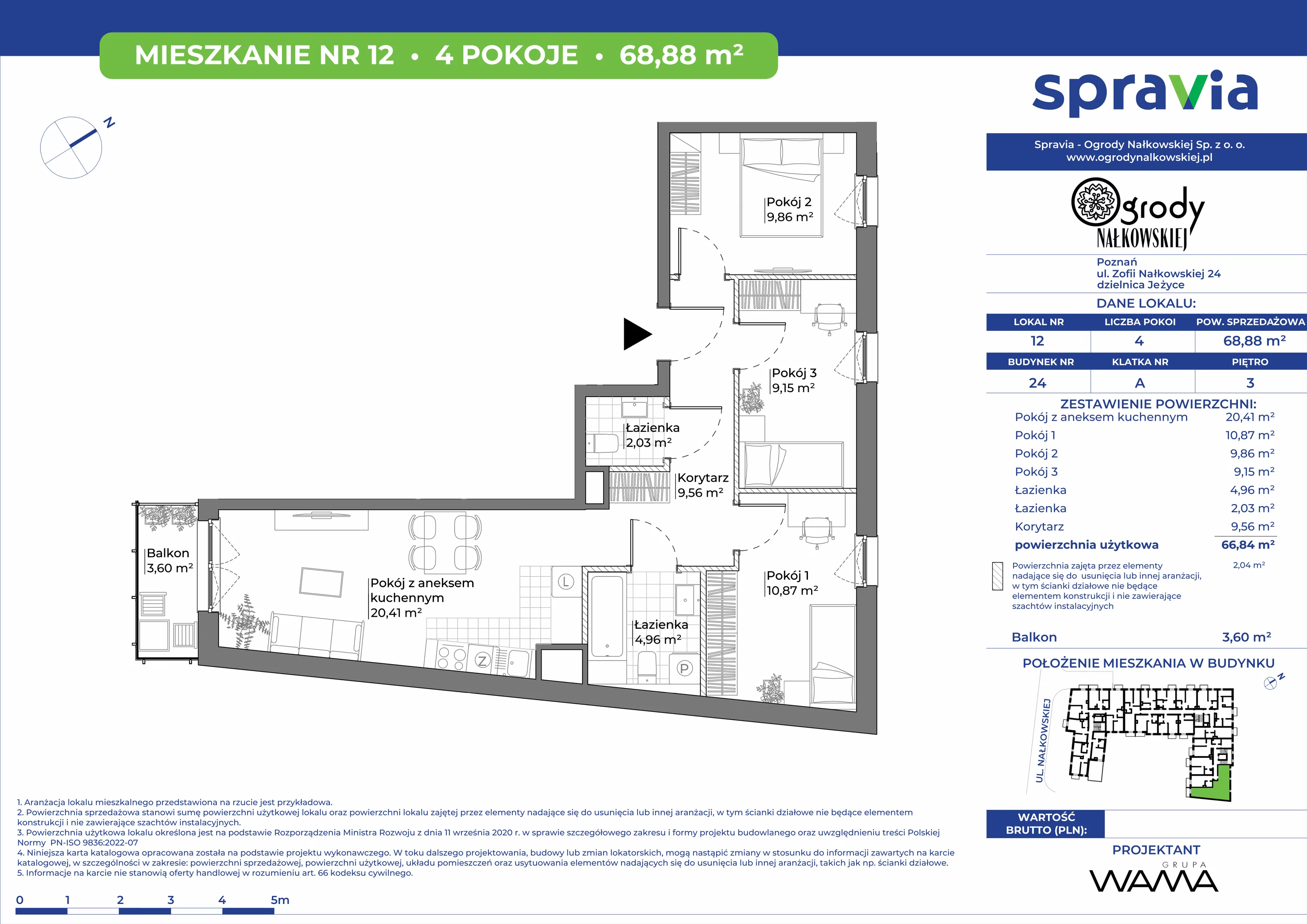 4 pokoje, mieszkanie 68,88 m², piętro 3, oferta nr 24-12, Ogrody Nałkowskiej, Poznań, Ogrody, ul. Nałkowskiej 24, 26